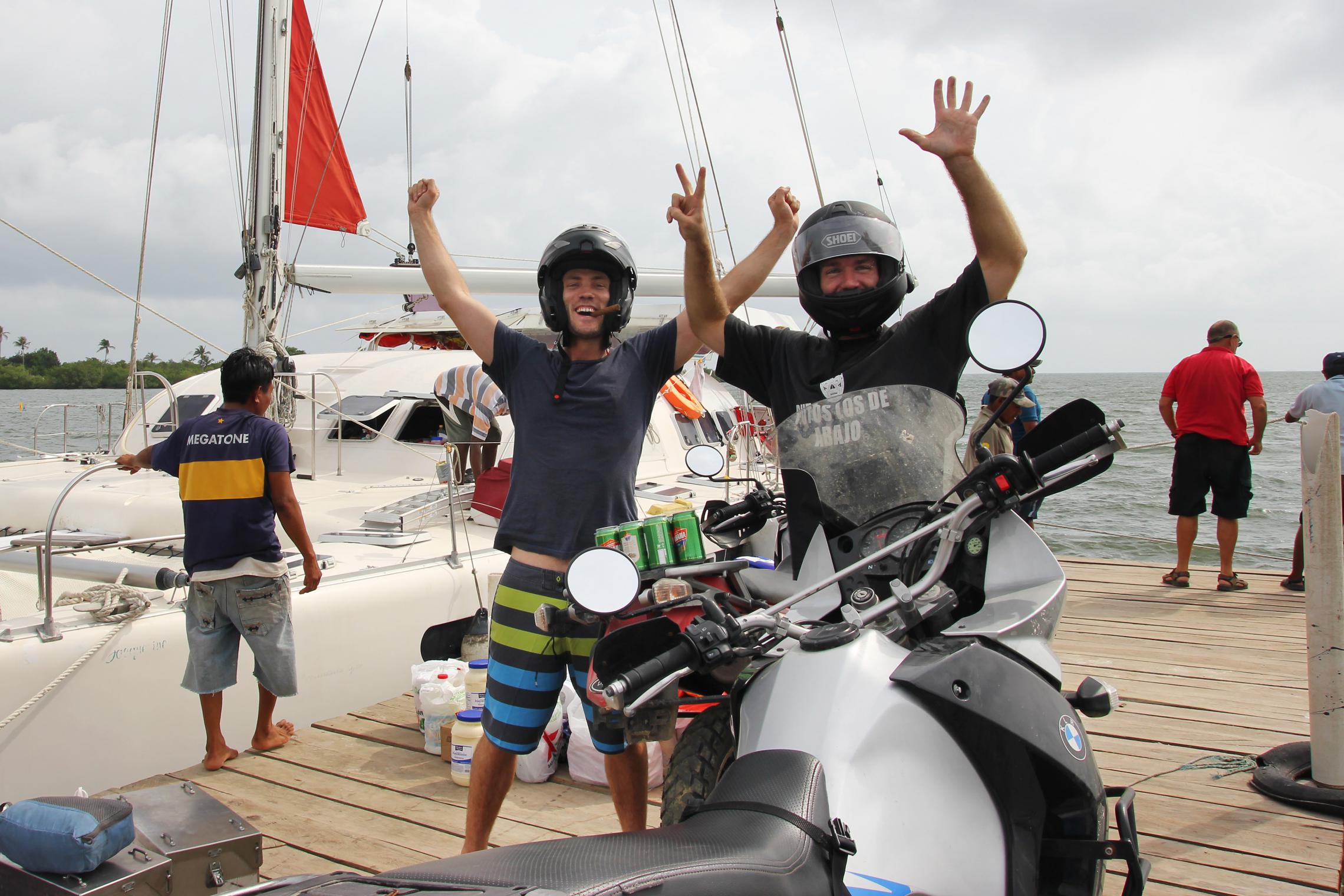7,000 miles - Some port in Kuna, Panama -- Ready to boat a catamaran to Colombia. The only time we didn't get to stop exactly at the mile mark, because our escort was actively trying to lose us.